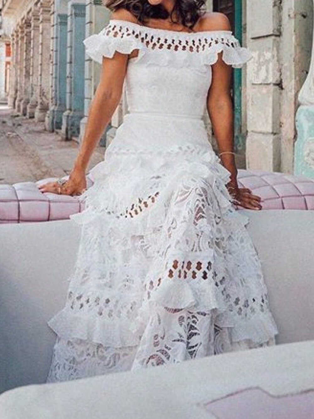White Elegant Women's Off Shoulder Ruffle Tiered Maxi Dress - Picture 2 of 2